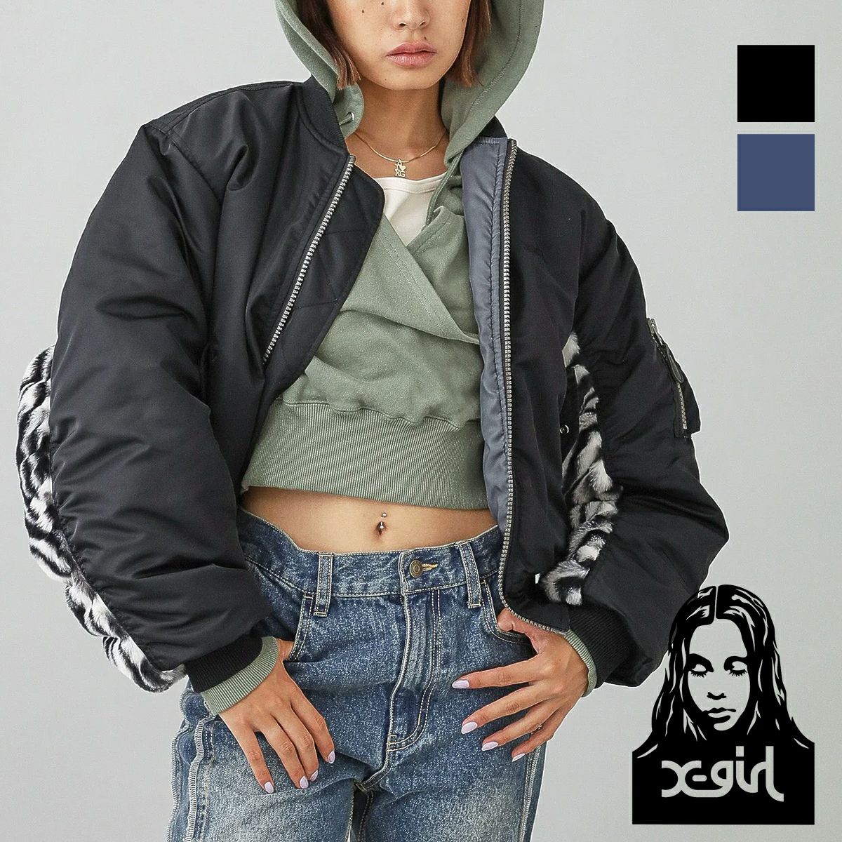 X-girl エックスガール 】 PANELED FUR REVERSIBLE MA-1 JACKET パネル