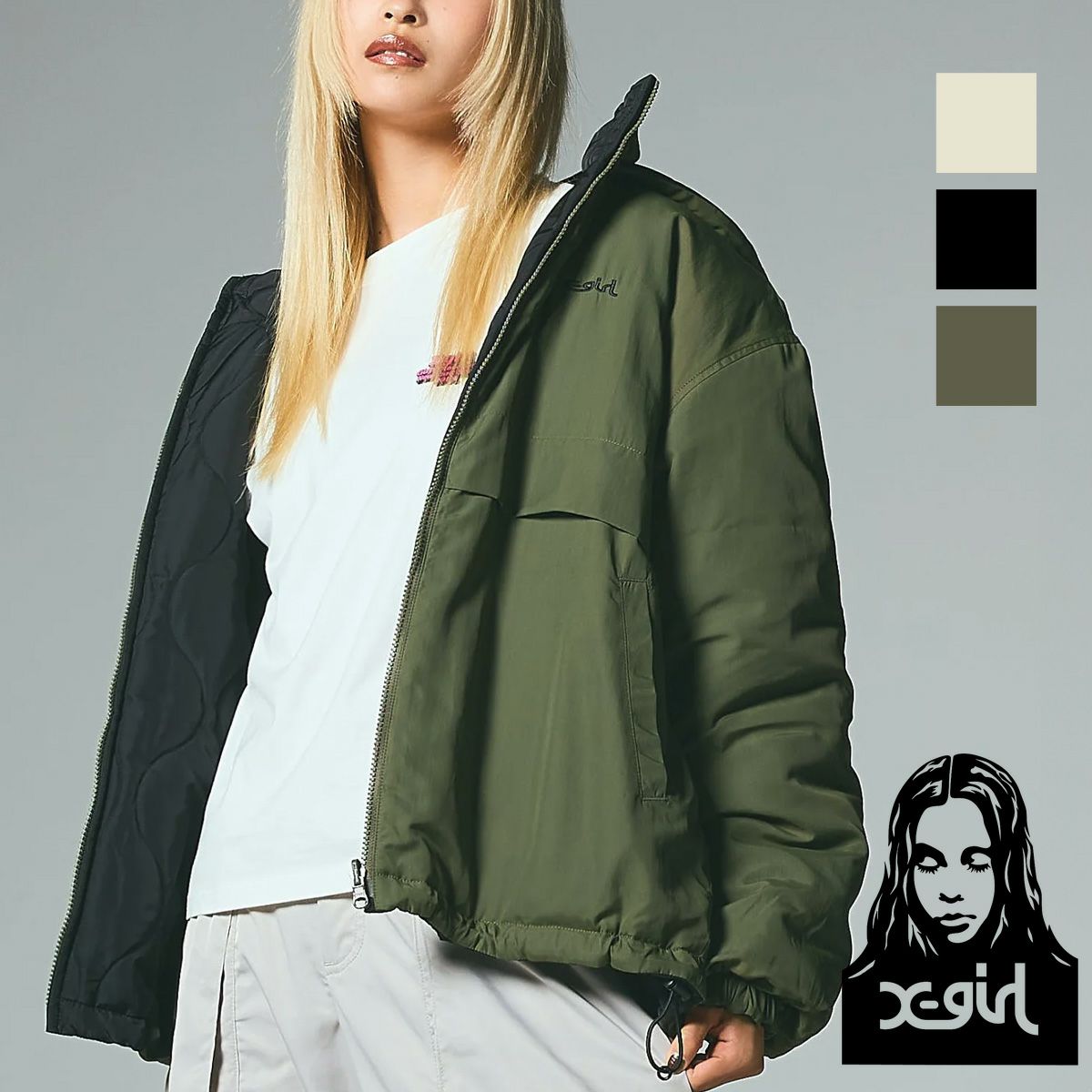 エックスガール X-girl フェイスパッチ リバーシブルジャケット [105253021006 FW25] FACE PATCH REVERSIBLE JACKET レディース xgirl アウター マウンテンパーカー キルティングジャケット WHITE 正規取扱店 X-girl エックスガール 】 FACE PATCH REVERSIBLE JACKET フェイス